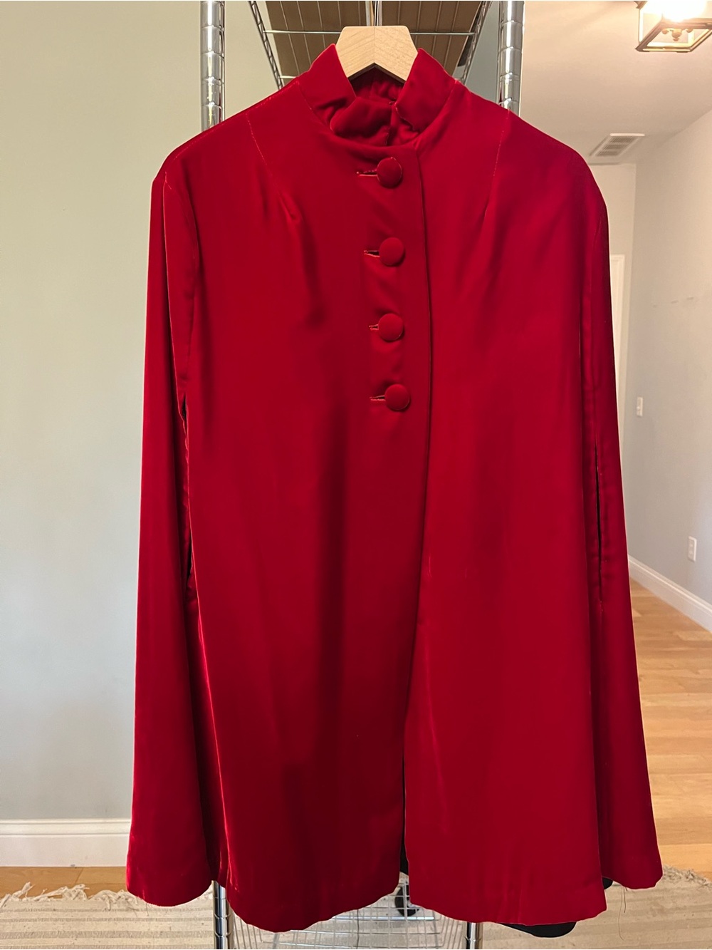 Red Velvet High-Neck Button Front Cape Jacket